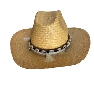 Straw Cowboy Hat Raffia Feathers Shell Hatband Wide Brim Beige Cowgirl Western